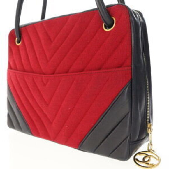 Chanel V Stitch Shoulder Bag Lambskin Navy Blue Red - Picture 2 of 10